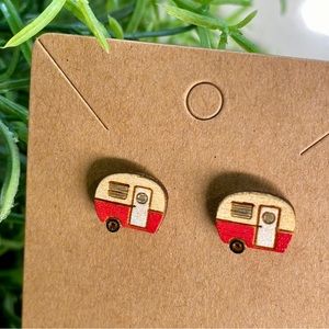Hand Painted Camper Travel Trailer Wood Stud Earrings